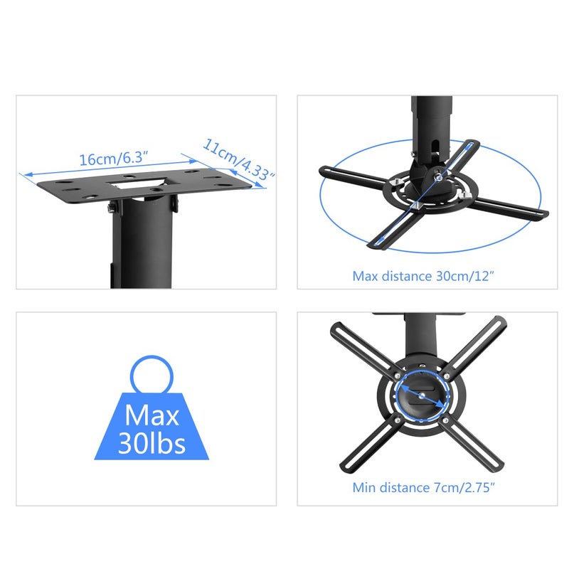 suptek Black Projector Ceiling Mount Bracket Fits Flat or Sloped Ceiling Height Adjustable with Extendable Length for LCD/DLP Projector Mount (PR05B) - Image 5